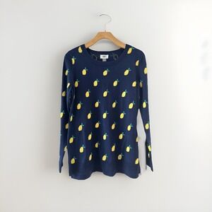 Old Navy Womens Sweater M Navy Blue Lemon Print Cotton Lightweight Coastal